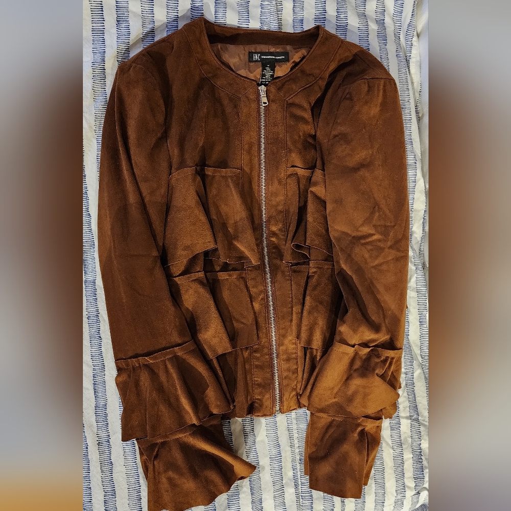 INC Faux Suede International Concepts Brown Ruffle Jacket